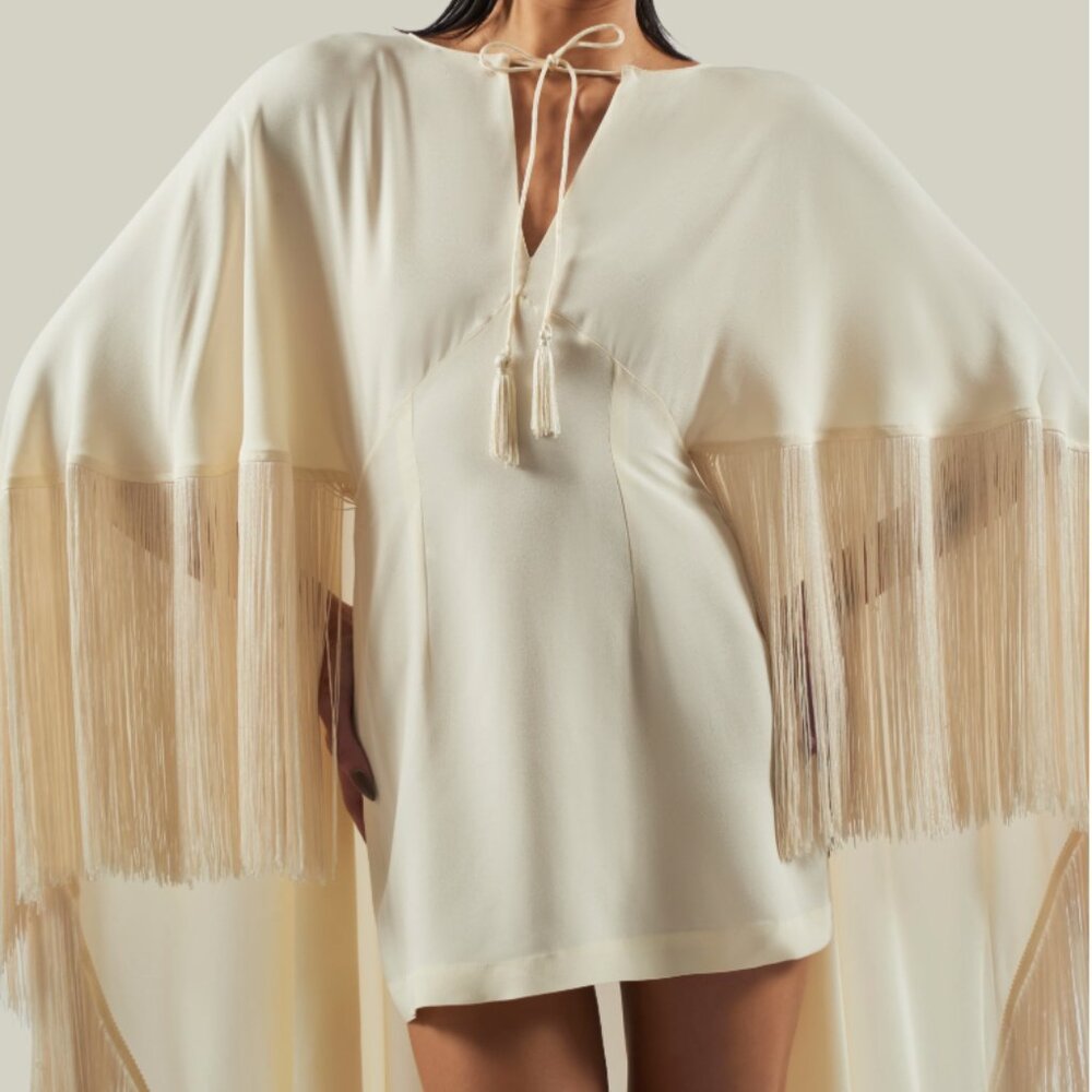 Taller Marmo Cape Fringe Trim Mini Dress - Picture 3 of 5